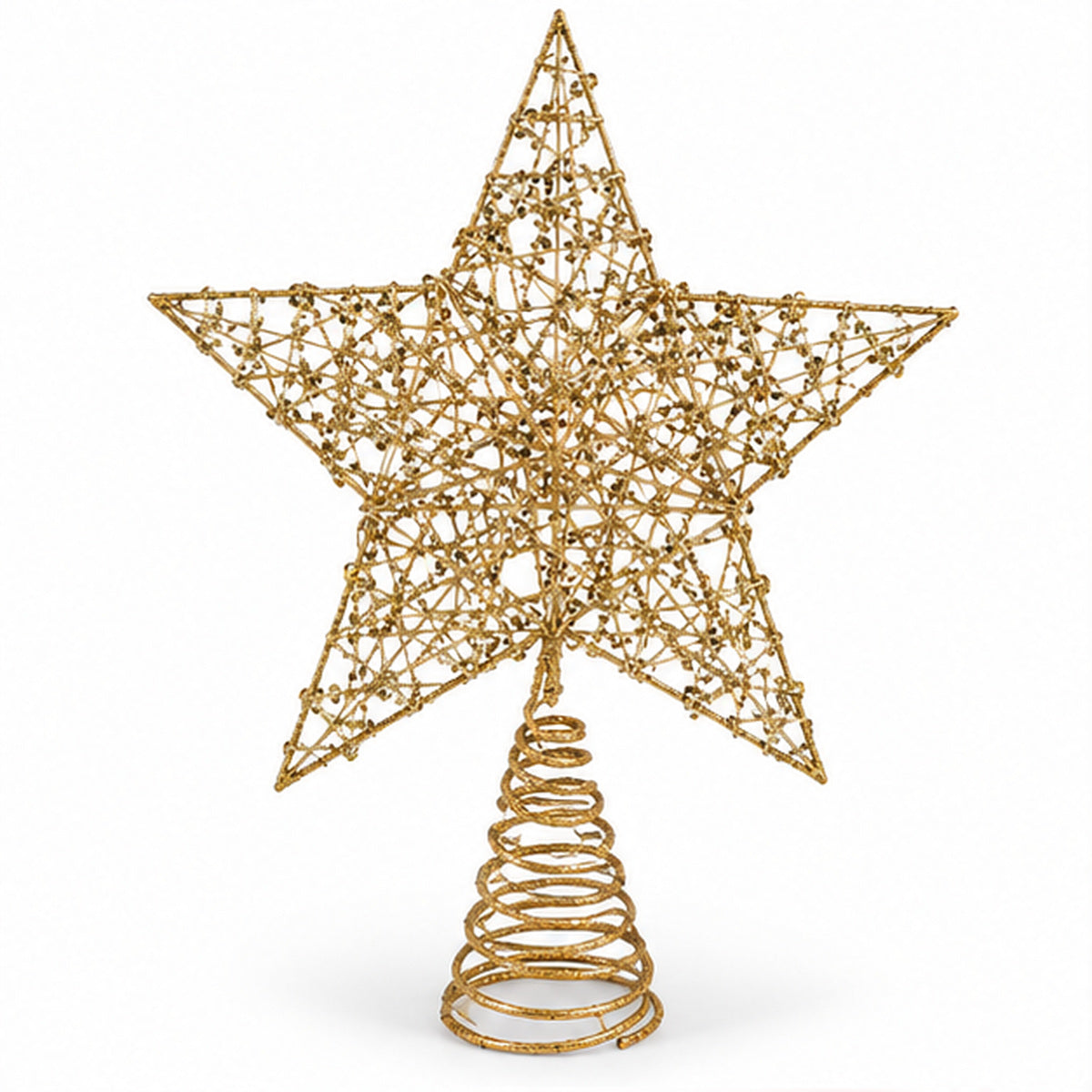 Glitter Gold Wire Star Christmas Tree Topper with Spiral Base – front view on white background