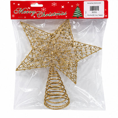 Glitter Gold Wire Star Christmas Tree Topper with Spiral Base – product packaging view