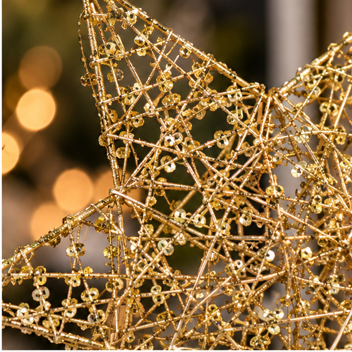 Glitter Gold Wire Star Christmas Tree Topper with Spiral Base – intricate gold wire and bead detail view