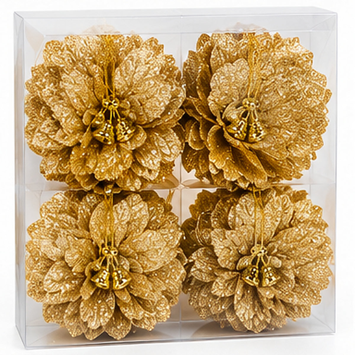 Velvet Red Layered Petal Christmas Baubles with Jingle Bells – Set of 4 – Glittering Gold variant view