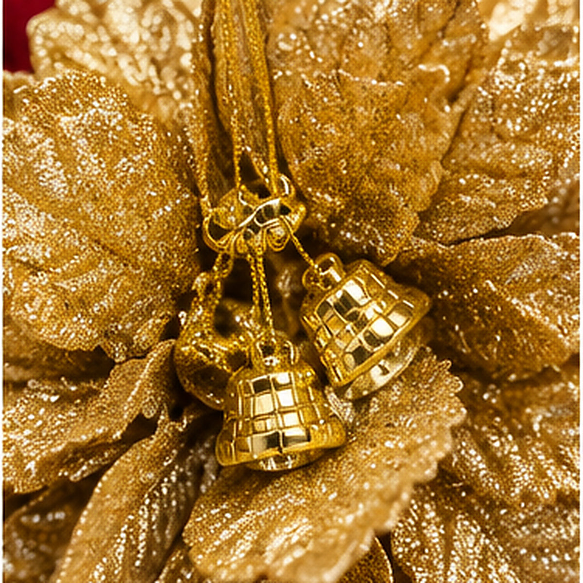 Glittering Gold Layered Petal Christmas Baubles with Jingle Bells – Set of 4 – gold glitter petals and jingle bells detail