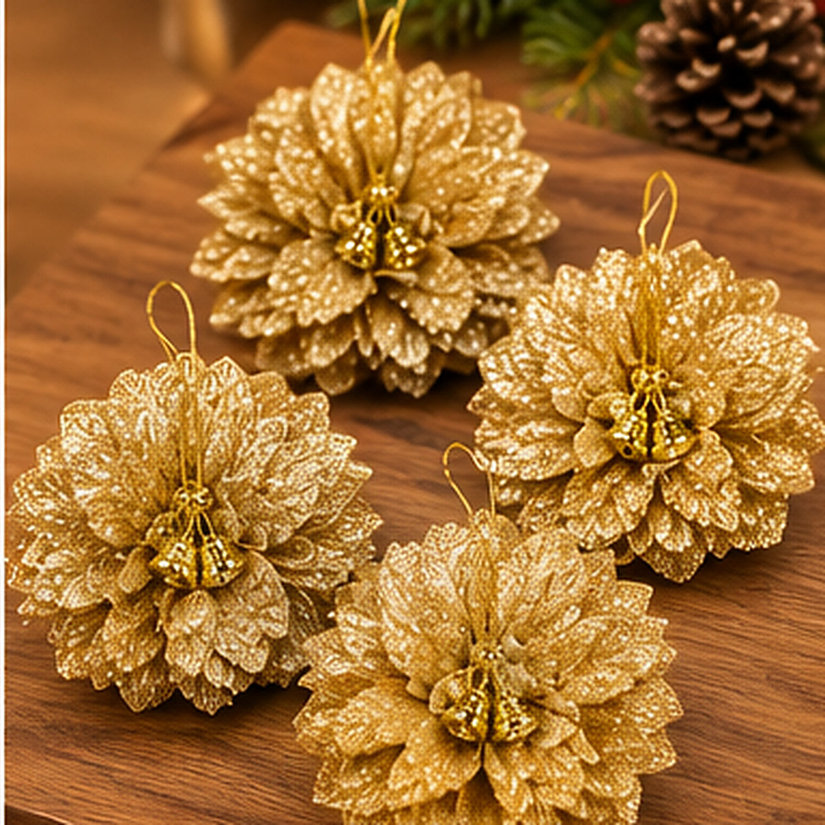 Velvet Red Layered Petal Christmas Baubles with Jingle Bells – Set of 4 – Glittering Gold variant view