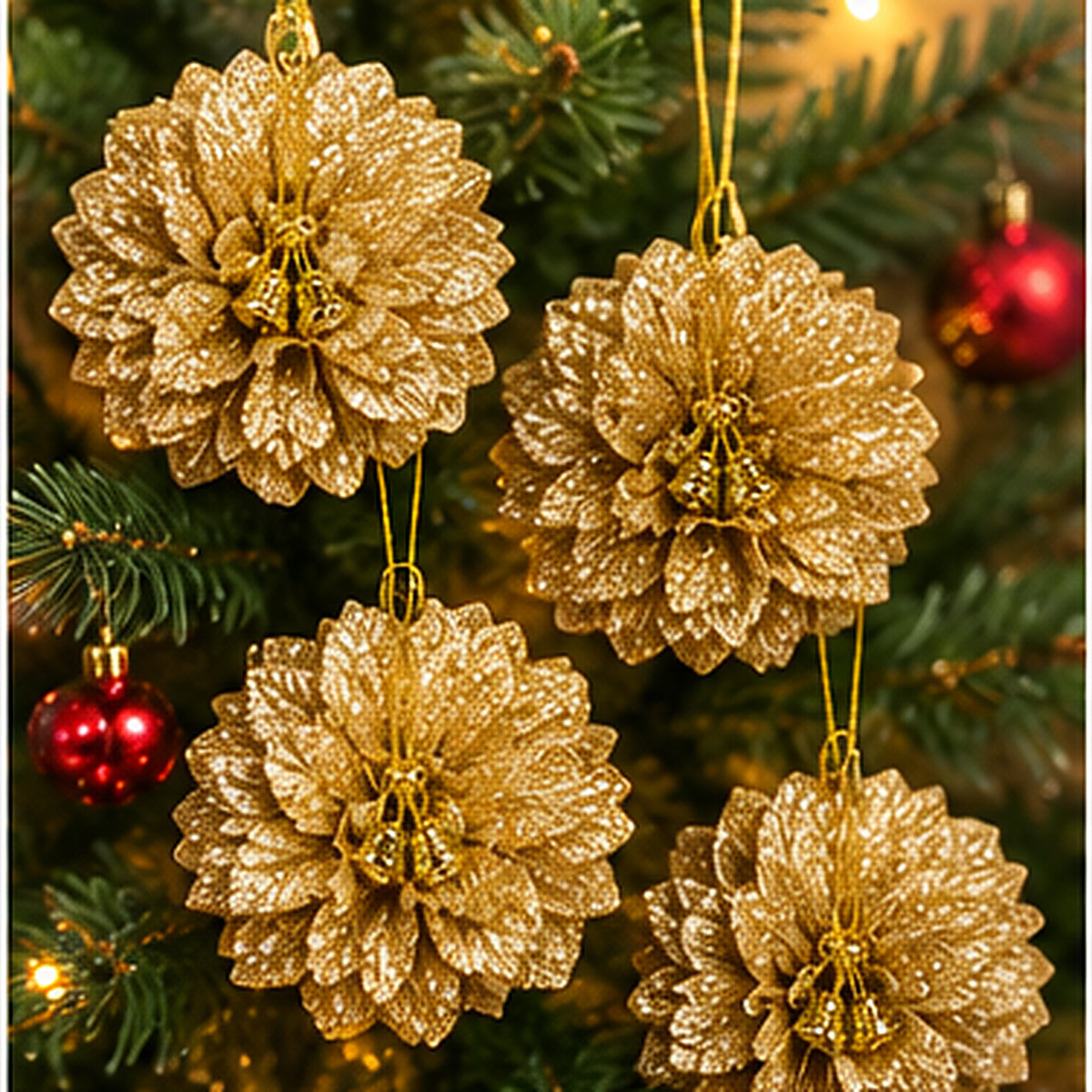 Glittering Gold Layered Petal Christmas Baubles with Jingle Bells – Set of 4 – individual ornament on Christmas tree