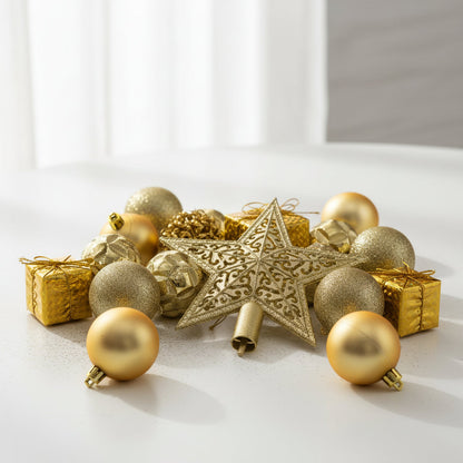 Gold Christmas Ornament Set - Premium Holiday Decoration Collection with Tree Topper Star - 4