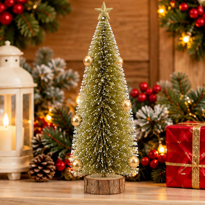 Gold Snow-Frosted Bottle Brush Mini Christmas Tree with Star Topper – festive Christmas lifestyle display