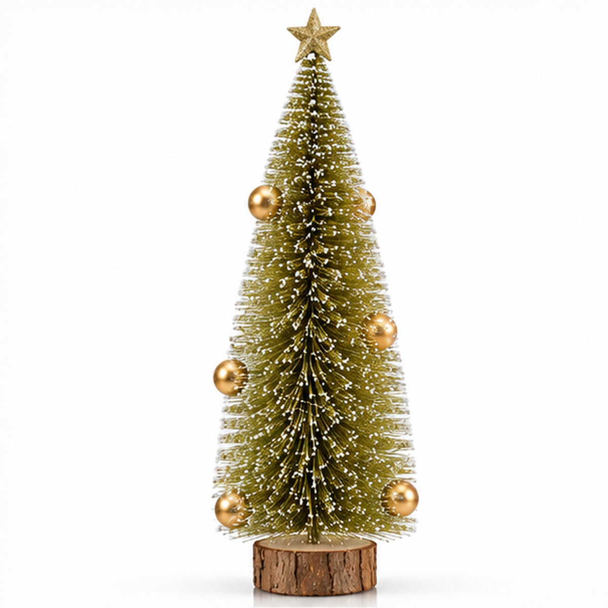 Gold Snow-Frosted Bottle Brush Mini Christmas Tree with Star Topper – front view on white background