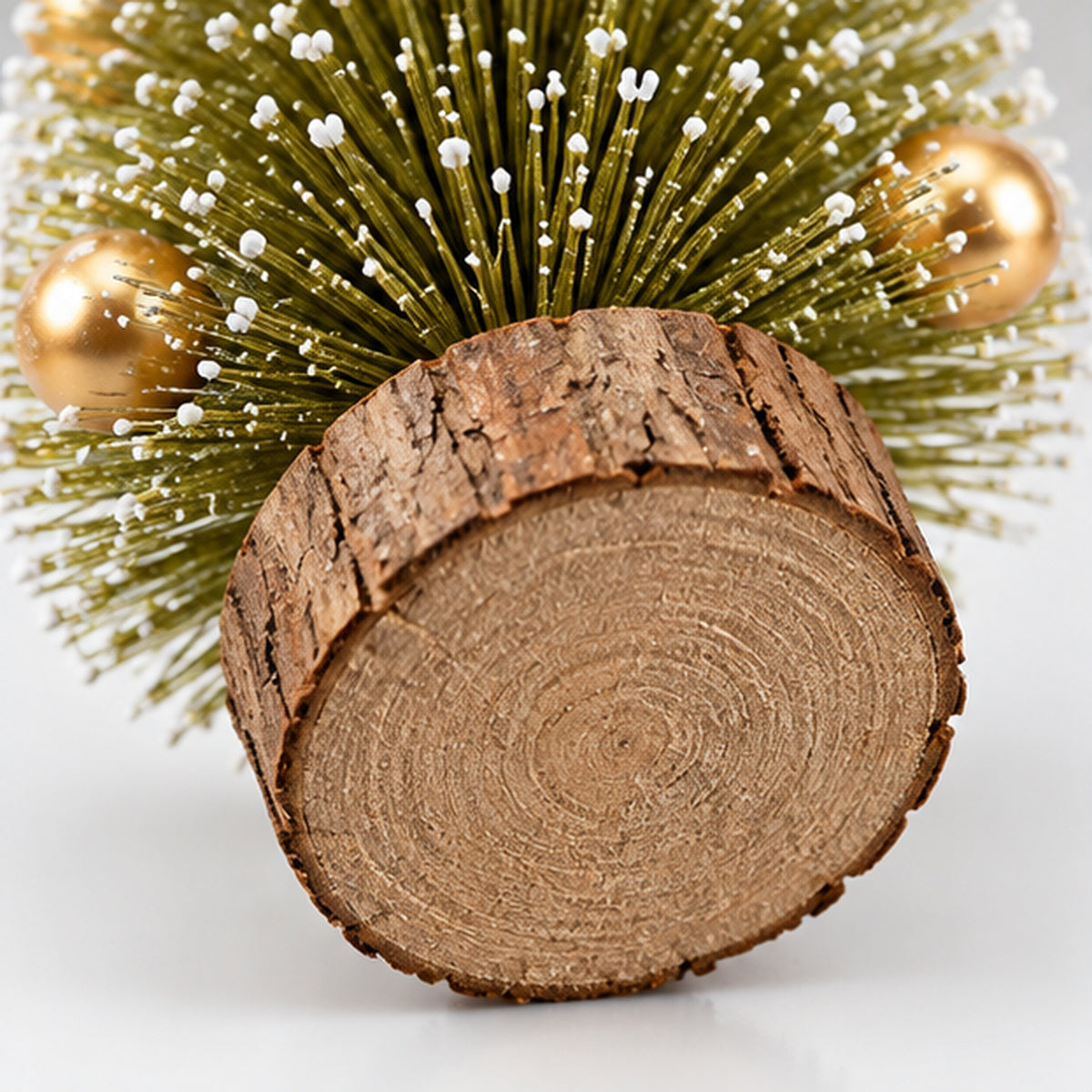 Gold Snow-Frosted Bottle Brush Mini Christmas Tree with Star Topper – natural wood base and gold baubles detail