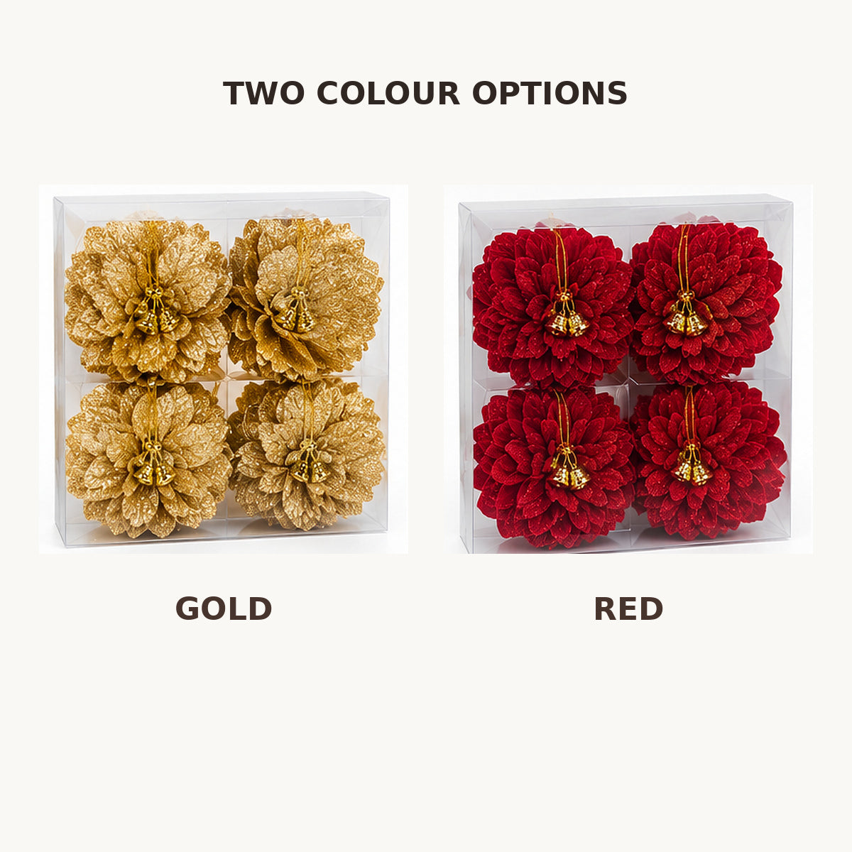 Glittering Gold Layered Petal Christmas Baubles with Jingle Bells – Set of 4 – gold and red color variations