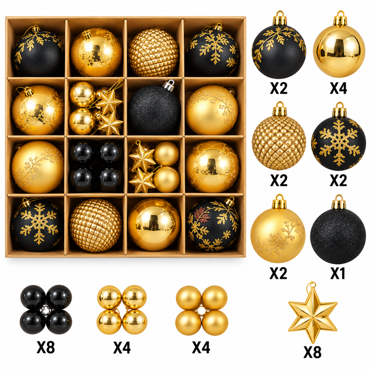 Luxury Black & Gold Christmas Baubles & Hanging Ornaments Set – catalog infographic