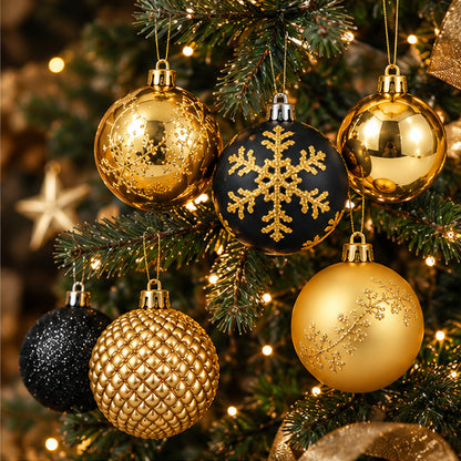 Luxury Black & Gold Christmas Baubles & Hanging Ornaments Set – festive Christmas tree lifestyle display