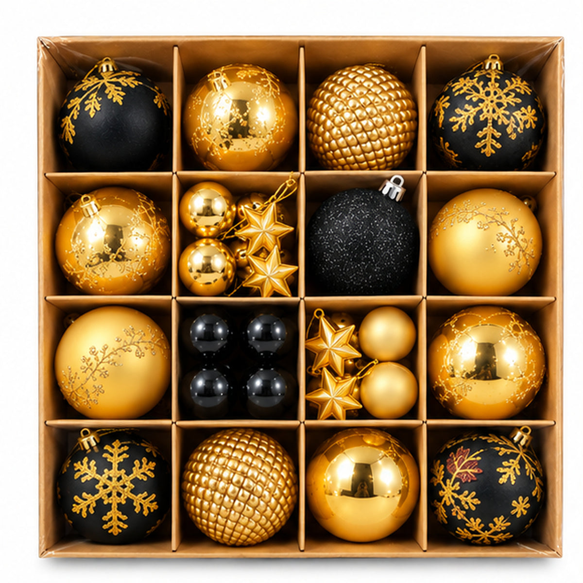 Luxury Black & Gold Christmas Baubles & Hanging Ornaments Set – front view on white background