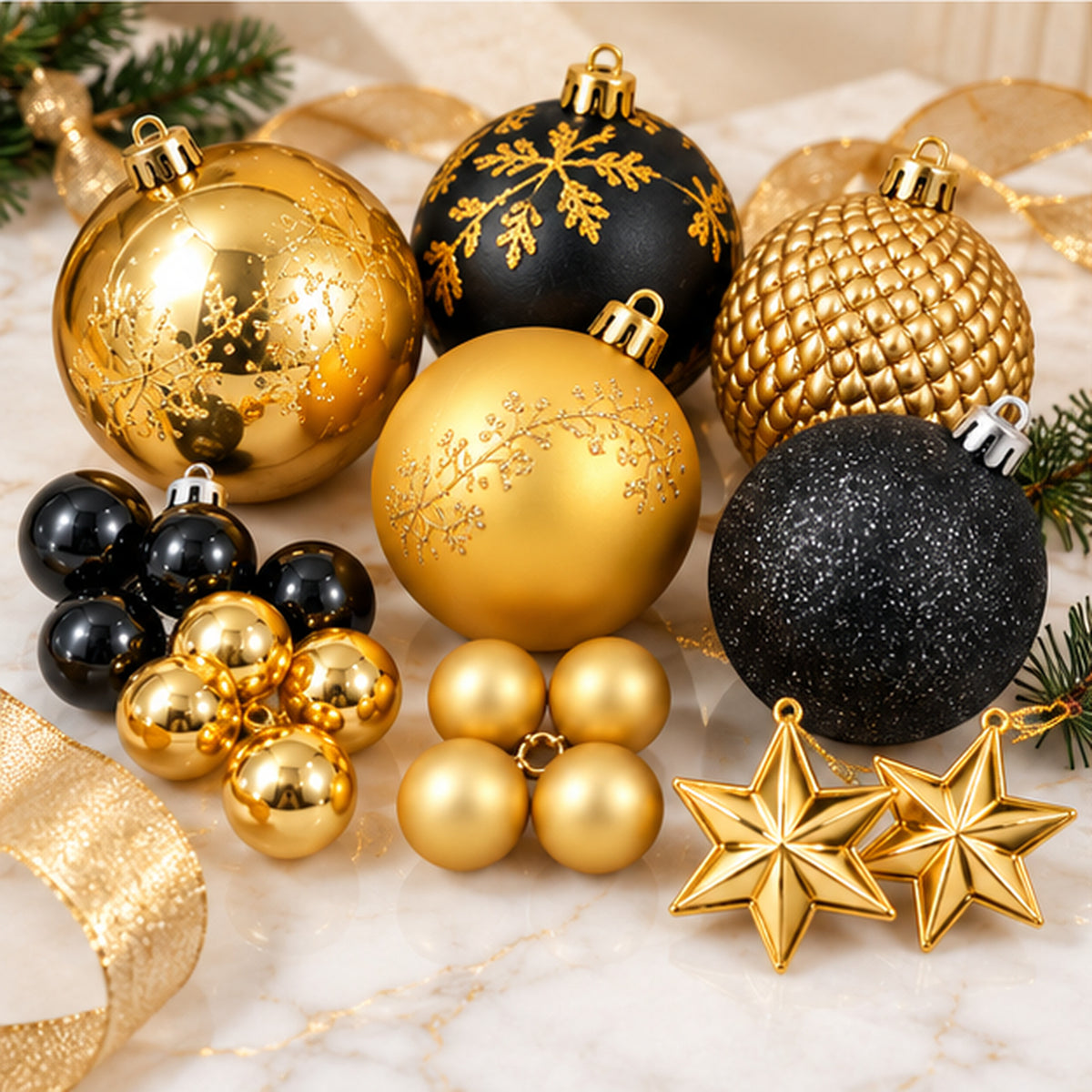 Luxury Black & Gold Christmas Baubles & Hanging Ornaments Set – ornament detail closeup view