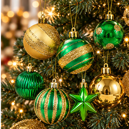 Luxury Emerald Green & Gold Christmas Baubles & Hanging Ornaments Set – festive Christmas tree lifestyle display