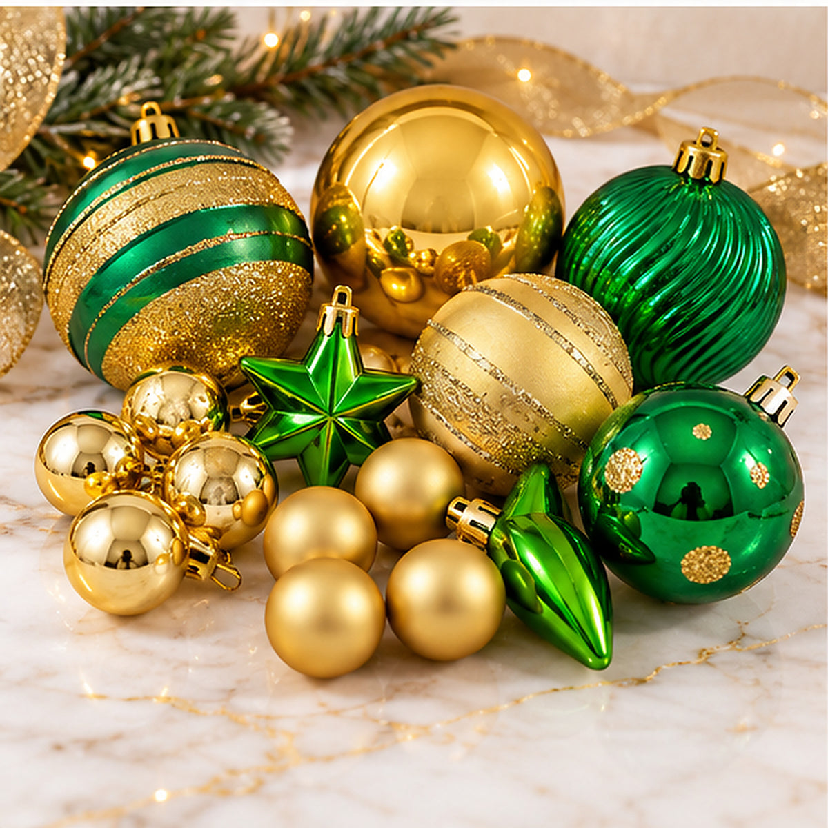 Luxury Emerald Green & Gold Christmas Baubles & Hanging Ornaments Set – ornament detail views