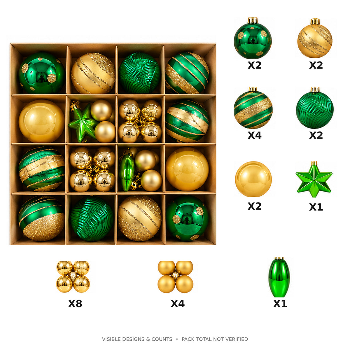 Luxury Emerald Green & Gold Christmas Baubles & Hanging Ornaments Set – style and quantity breakdown