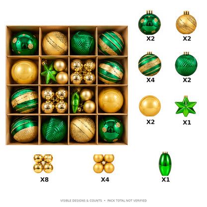 Luxury Emerald Green & Gold Christmas Baubles & Hanging Ornaments Set – style and quantity breakdown