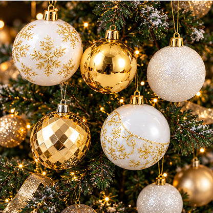 Luxury White & Gold Christmas Baubles & Hanging Ornaments Set – festive Christmas tree lifestyle display