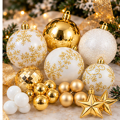 Luxury White & Gold Christmas Baubles & Hanging Ornaments Set – ornament detail views
