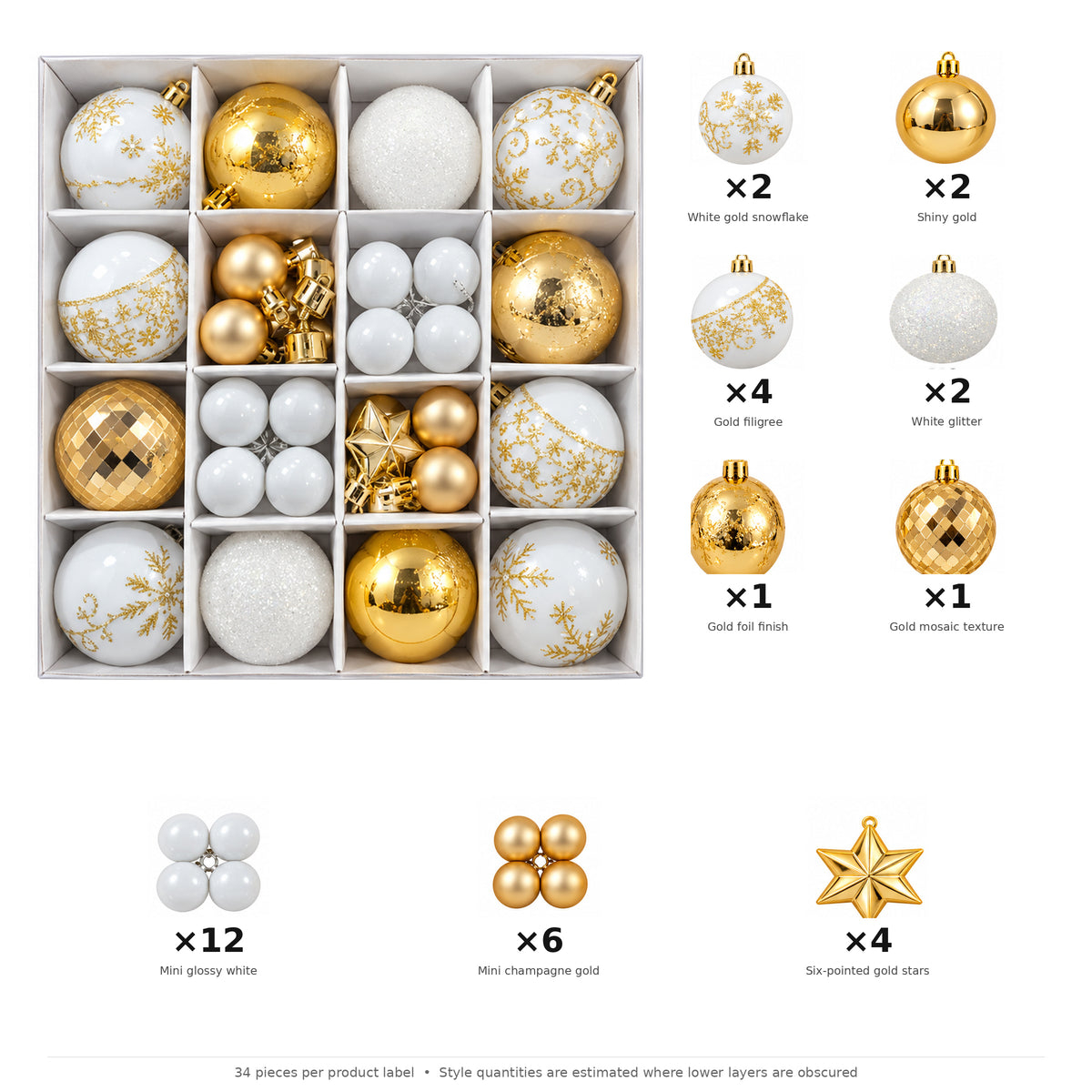 Luxury White & Gold Christmas Baubles & Hanging Ornaments Set – style and quantity breakdown