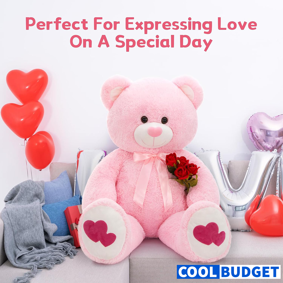 MaoGoLan Giant Pink Teddy Bear Plush 47",Big Bear Stuffed Animal with Heart Footprints and Heart Nose,4ft Large Valentines Teddy Bear for Girlfriend,Wife,Lover-Anniversary, Birthday,Long Distance - 1