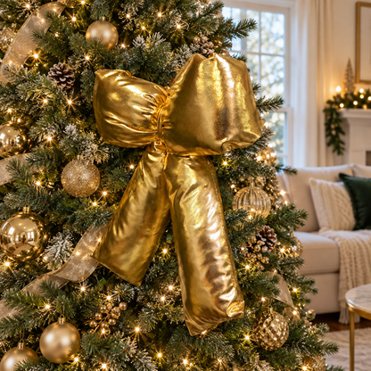 Metallic Gold Puffy Christmas Bow Tree Topper & Holiday Decoration – styled on a Christmas tree
