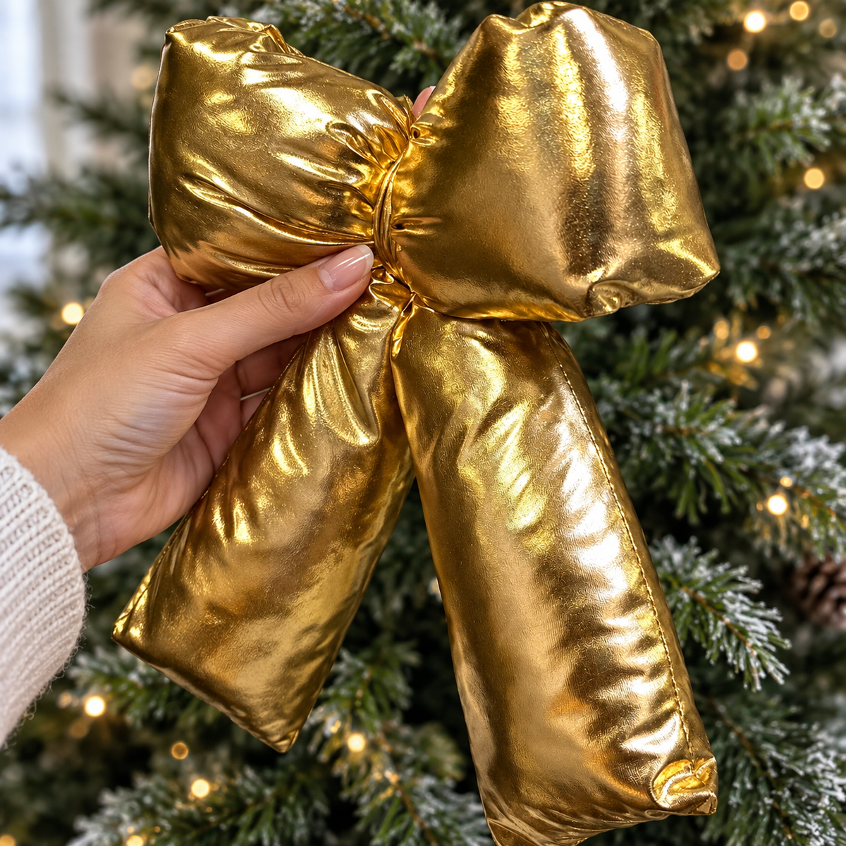Metallic Gold Puffy Christmas Bow Tree Topper & Holiday Decoration – handheld closeup view