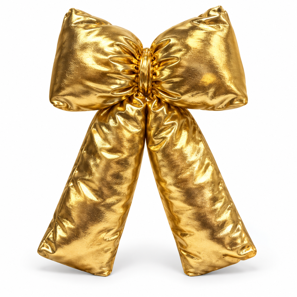 Metallic Gold Puffy Christmas Bow Tree Topper & Holiday Decoration – front view on white background