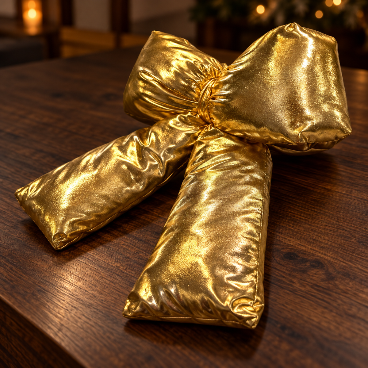 Metallic Gold Puffy Christmas Bow Tree Topper & Holiday Decoration – side view on walnut surface