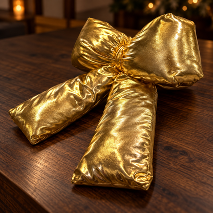 Metallic Gold Puffy Christmas Bow Tree Topper & Holiday Decoration – side view on walnut surface