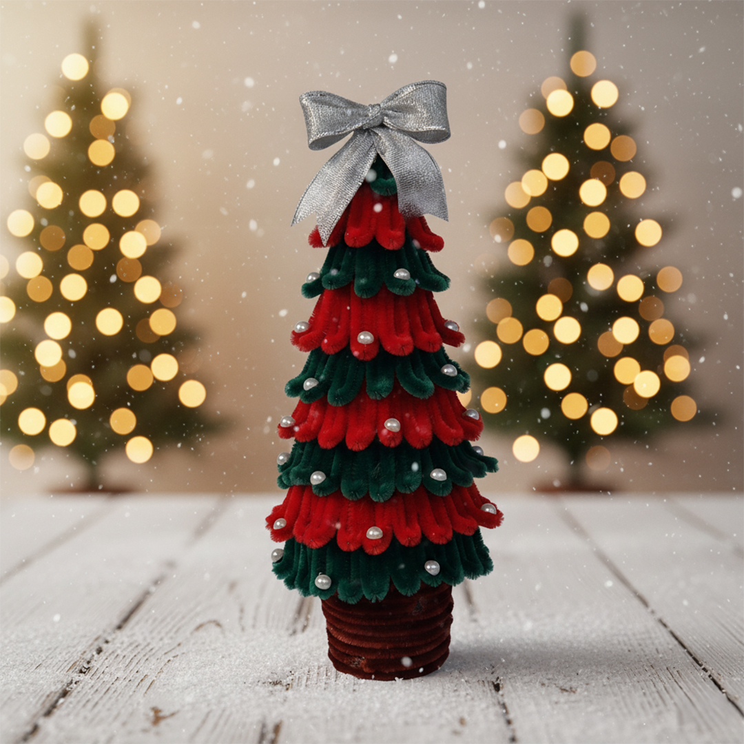 Mini Christmas Tree with Silver Bow & Pearl Accents – Tabletop Decoration - 2