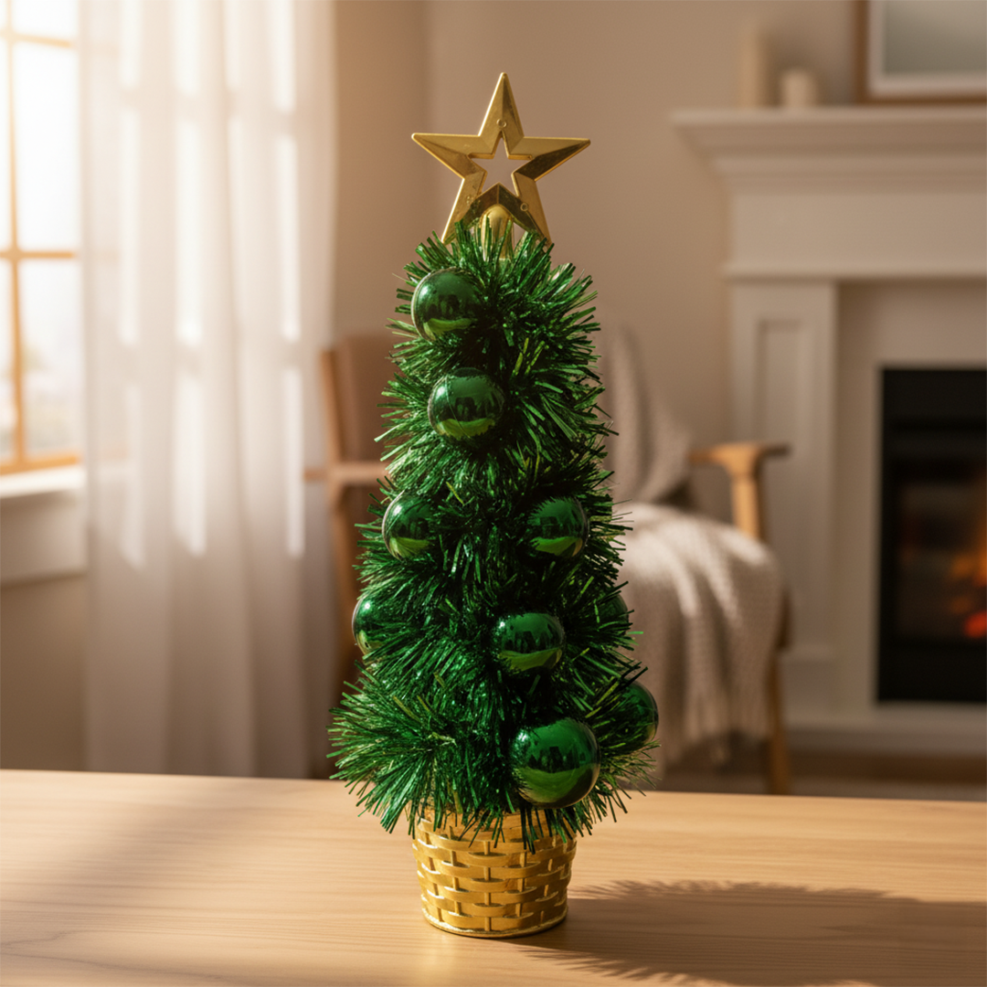 Mini Table Top Christmas Tree – 27 cm (Tinsel & Bauble Decor) - 4