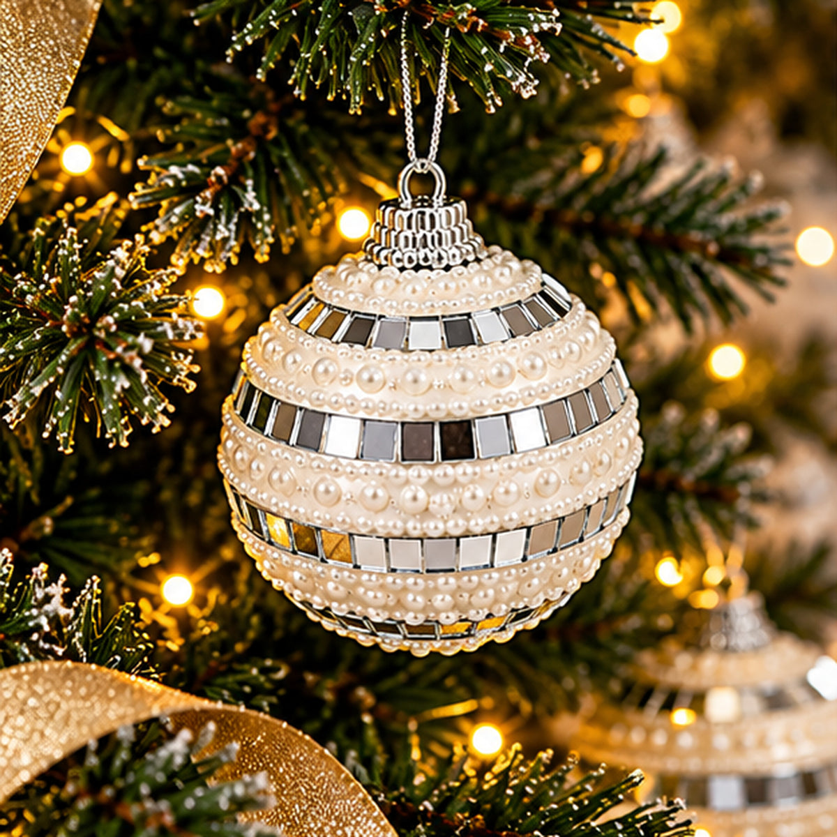 Mirror Disco Tile & Pearl Beaded Christmas Baubles – Set of 3 – hanging on Christmas tree