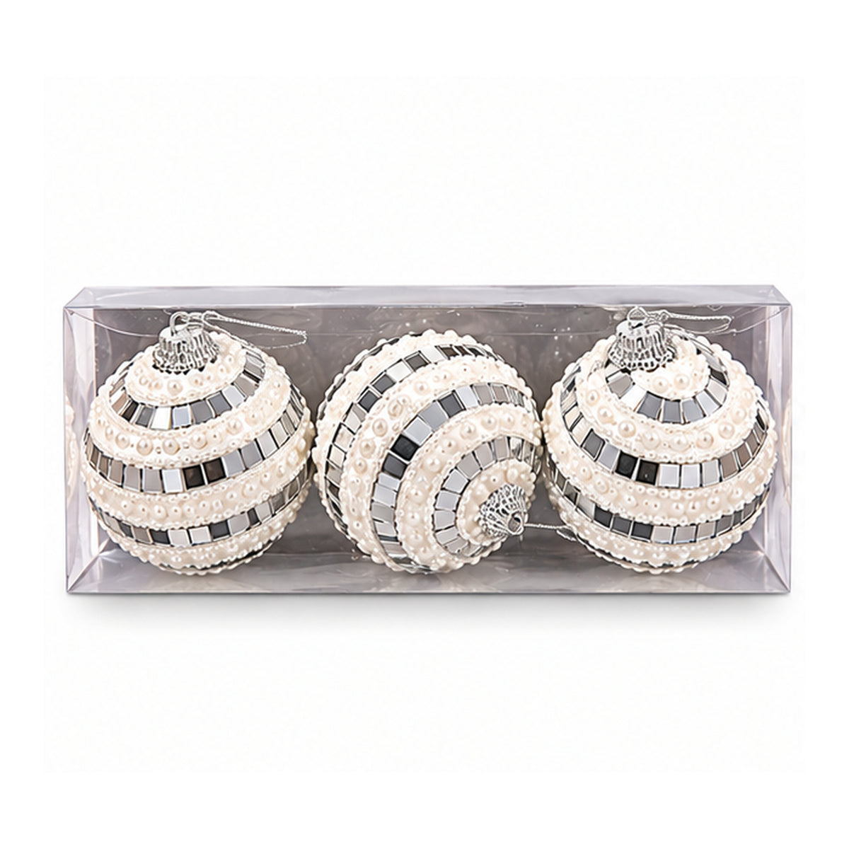 Mirror Disco Tile & Pearl Beaded Christmas Baubles – Set of 3 – boxed set on white background