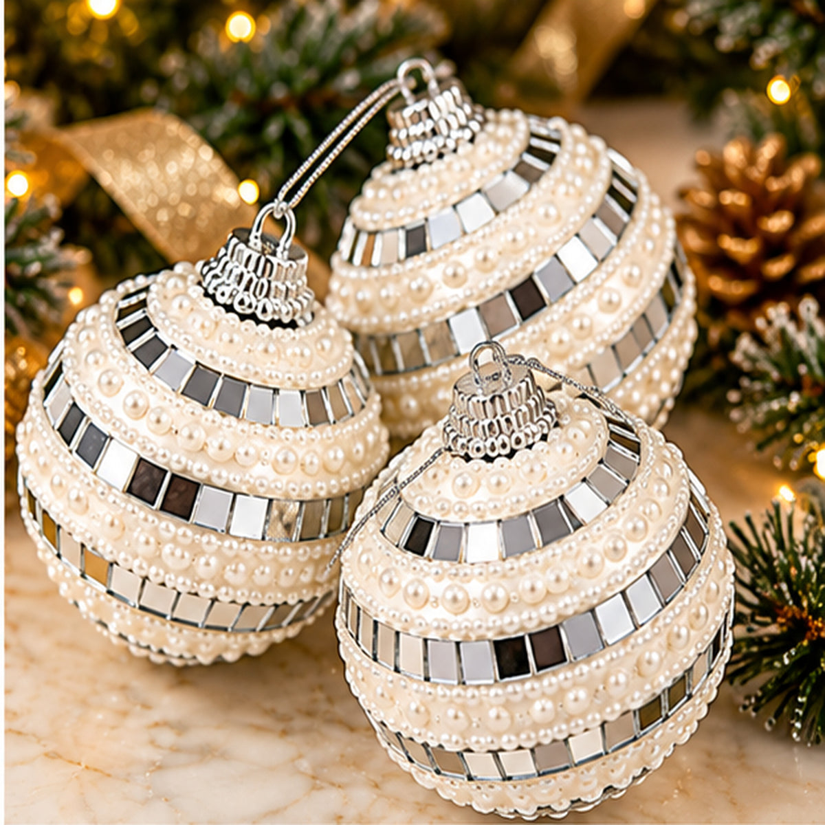 Mirror Disco Tile & Pearl Beaded Christmas Baubles – Set of 3 – mirror tile and pearl bead closeup