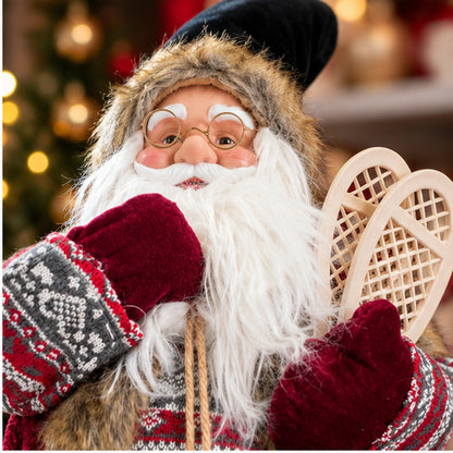 Nordic Alpine Santa Claus Christmas Figurine with Snowshoes & Knitted Sweater – closeup details view