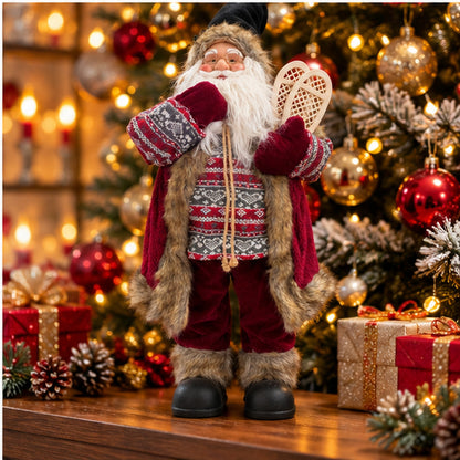 Nordic Alpine Santa Claus Christmas Figurine with Snowshoes & Knitted Sweater – festive Christmas holiday display
