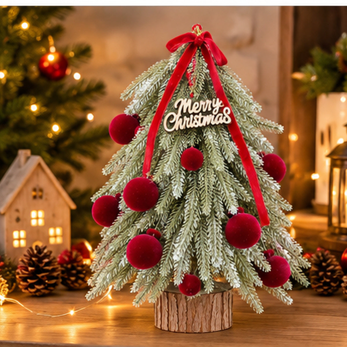 Nordic Tabletop Decorated Mini Christmas Tree with Red Velvet Baubles – festive tabletop lifestyle display