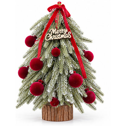 Nordic Tabletop Decorated Mini Christmas Tree with Red Velvet Baubles – front view on white background