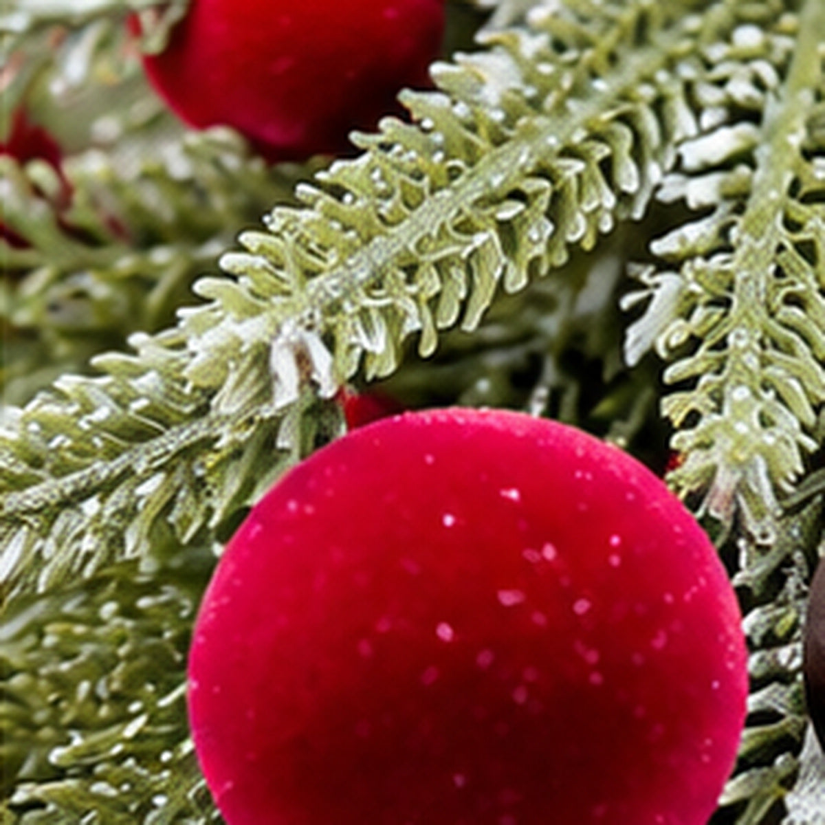 Nordic Tabletop Decorated Mini Christmas Tree with Red Velvet Baubles – red velvet baubles and sign closeup