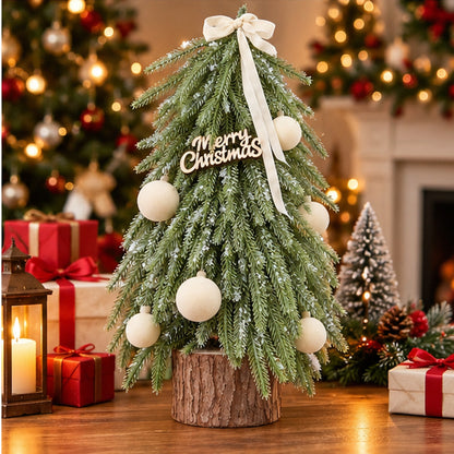 Nordic Tabletop Decorated Mini Christmas Tree with Wood Log Base – festive Christmas lifestyle display