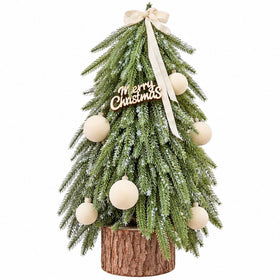 Nordic Tabletop Decorated Mini Christmas Tree with Wood Log Base – front view on white background
