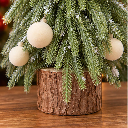 Nordic Tabletop Decorated Mini Christmas Tree with Wood Log Base – natural wood log base and ornament detail