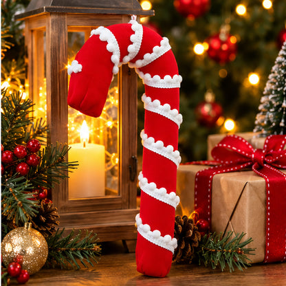 Plush Red Candy Cane Christmas Tree Hanging Ornament with Pom-Pom Trim – festive holiday tabletop display