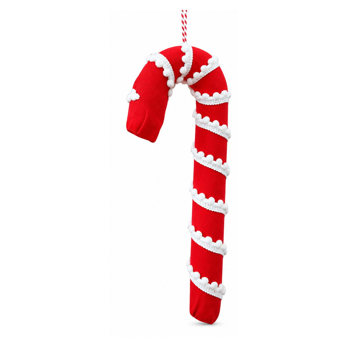 Plush Red Candy Cane Christmas Tree Hanging Ornament with Pom-Pom Trim – front view on white background