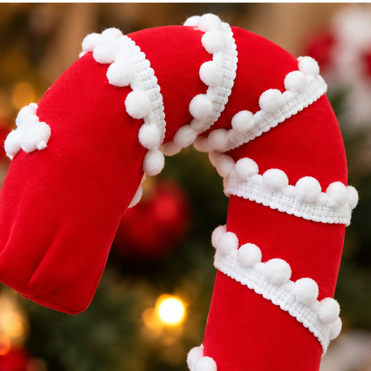 Plush Red Candy Cane Christmas Tree Hanging Ornament with Pom-Pom Trim – white pom-pom lace trim closeup detail