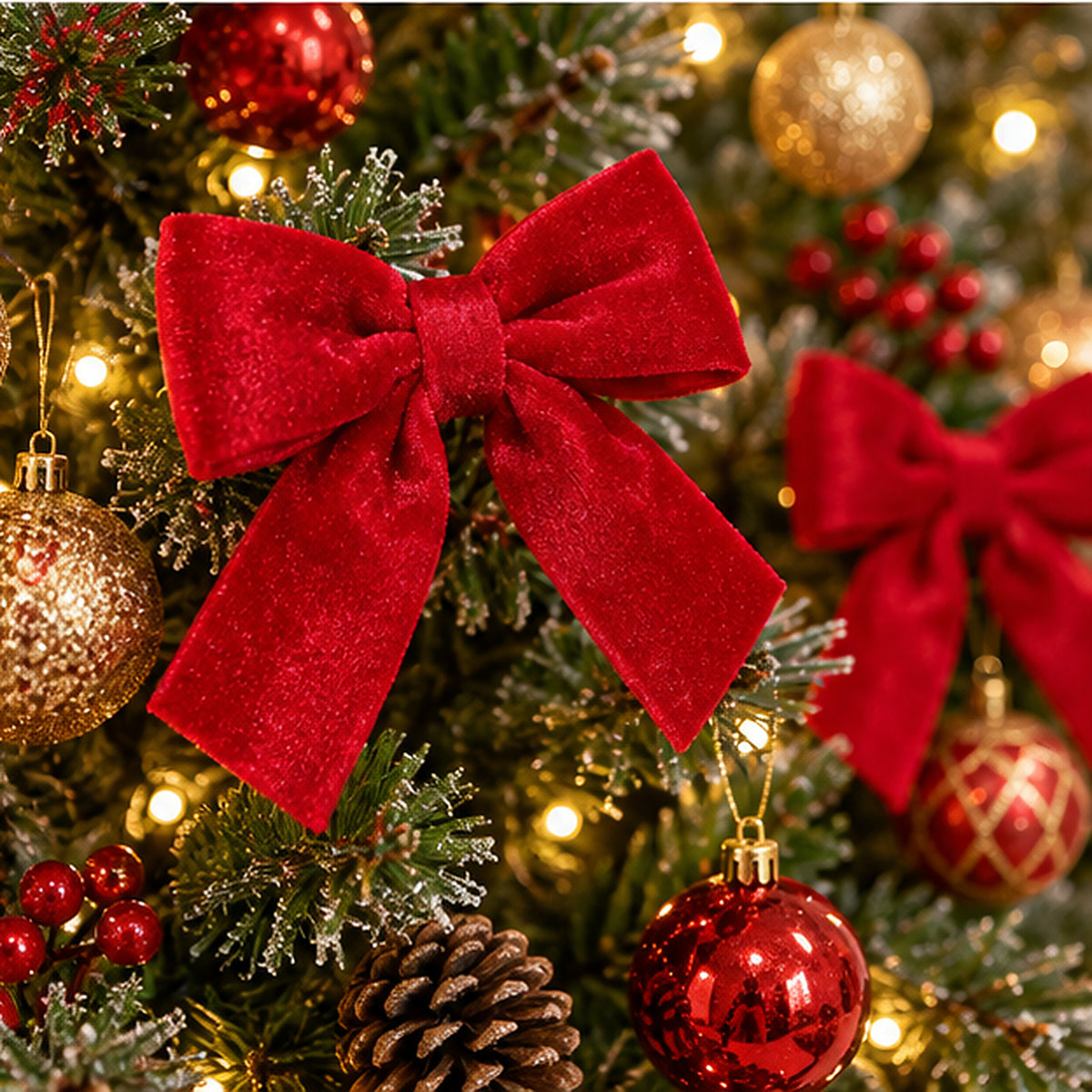 Plush Red Velvet Christmas Tree Bows – Set of 3 – bow styled on Christmas tree branch