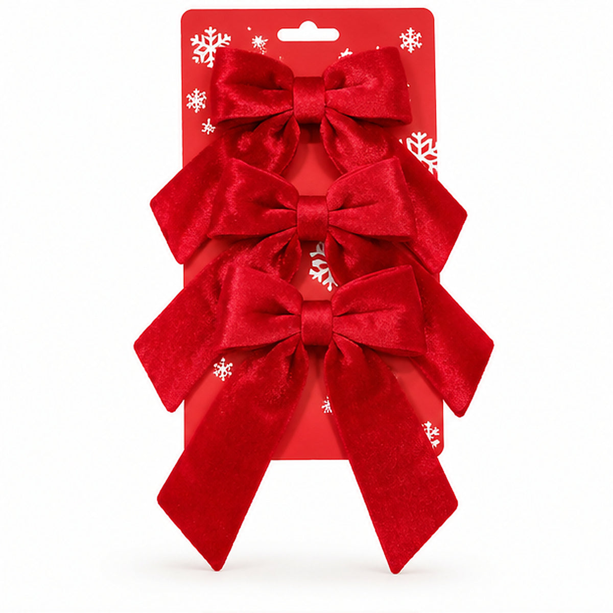 Plush Red Velvet Christmas Tree Bows – Set of 3 – front view on card