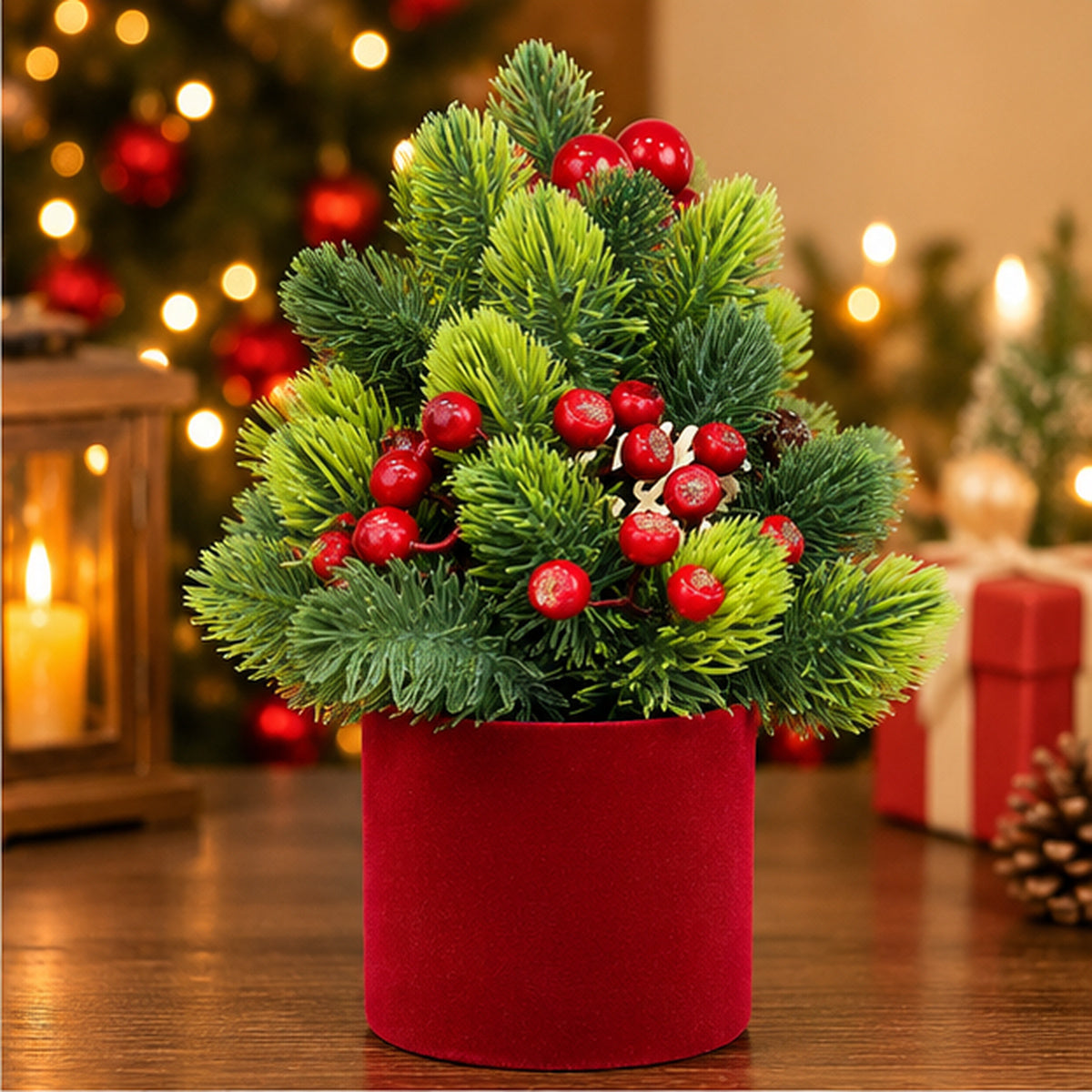 Potted Tabletop Mini Christmas Tree with Red Berries & Velvet Planter – festive tabletop lifestyle display