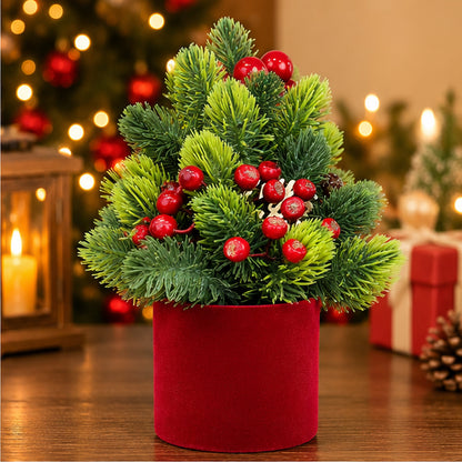 Potted Tabletop Mini Christmas Tree with Red Berries & Velvet Planter – festive tabletop lifestyle display