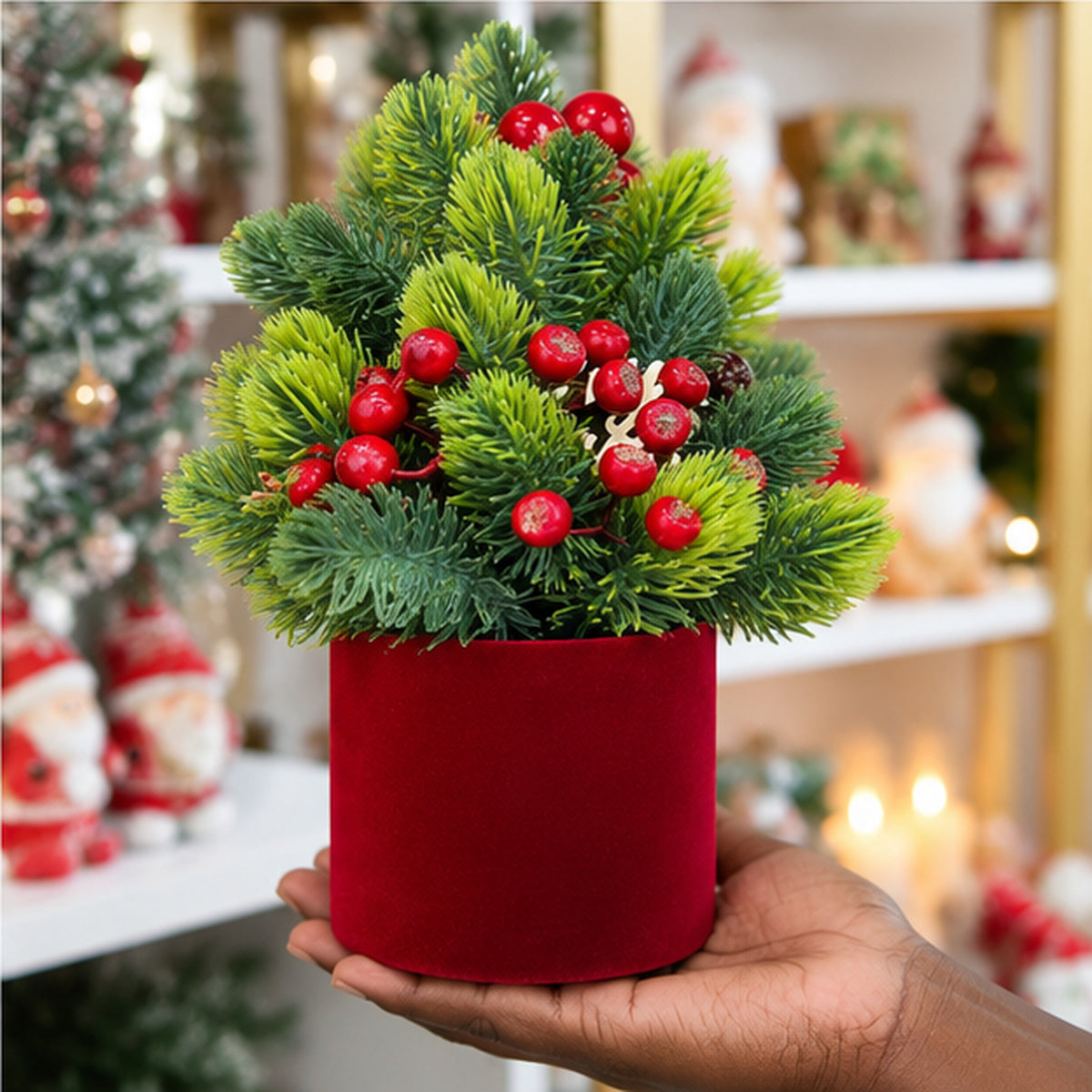 Potted Tabletop Mini Christmas Tree with Red Berries & Velvet Planter – handheld size and scale view
